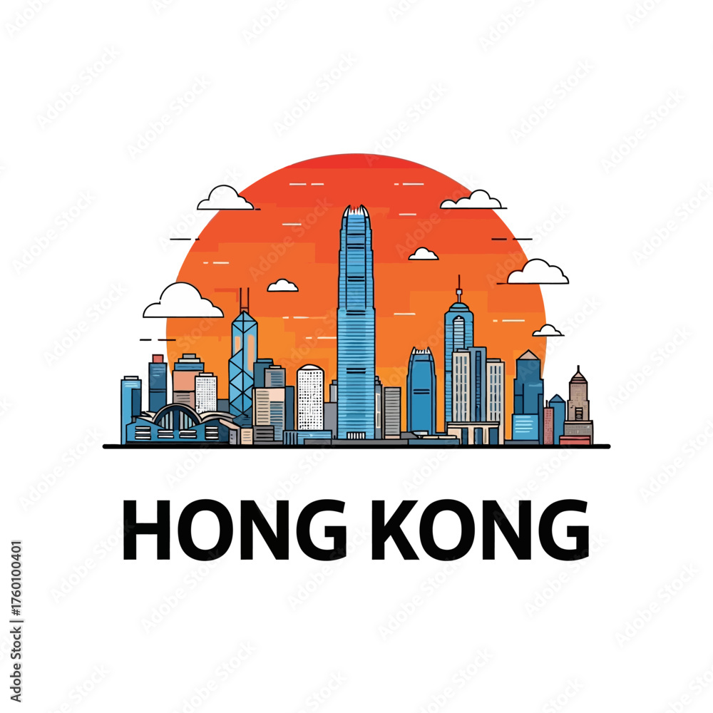 Obraz premium Hong Kong Skyline at Sunset - A Vibrant Cityscape Illustration.