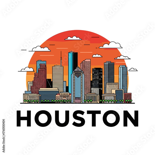 Houston Skyline Silhouette Against Sunset Depicting Urban Cityscape and Architecture.