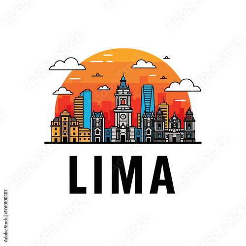 Lima Peru Cityscape Outline with Sunset and Clouds.