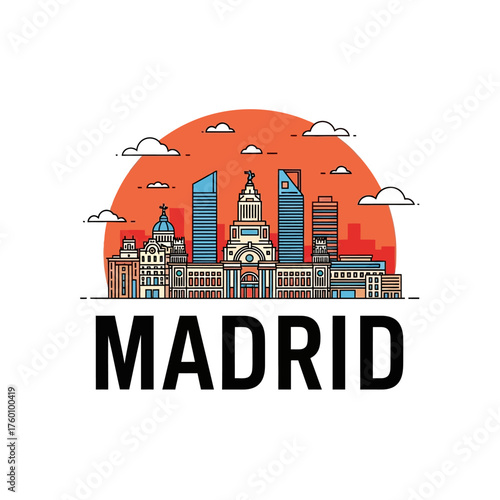 Madrid Spain city skyline vector illustration with famous landmarks.