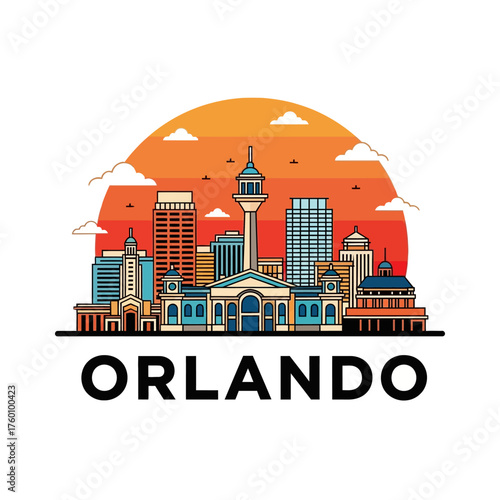 Orlando Florida skyline illustration with a vibrant sunset background and city buildings.