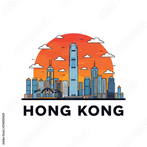 Hong Kong City Skyline with Modern Skyscrapers and Sunset.