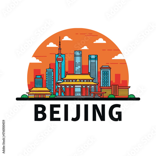 Beijing Cityscape Illustration Depicting Iconic Landmarks and Architectural Marvels.
