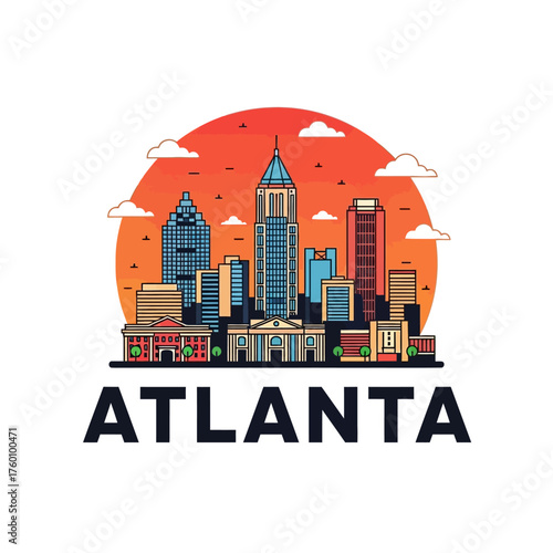 Atlanta Cityscape Outline with Skyscrapers and Sunset.