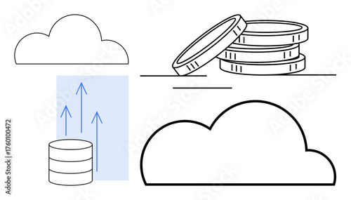 Stack of coins, database with upward arrows, large cloud icon. Ideal for cloud computing, finance, data management, storage, technology innovation digital solutions. Simple flat metaphor