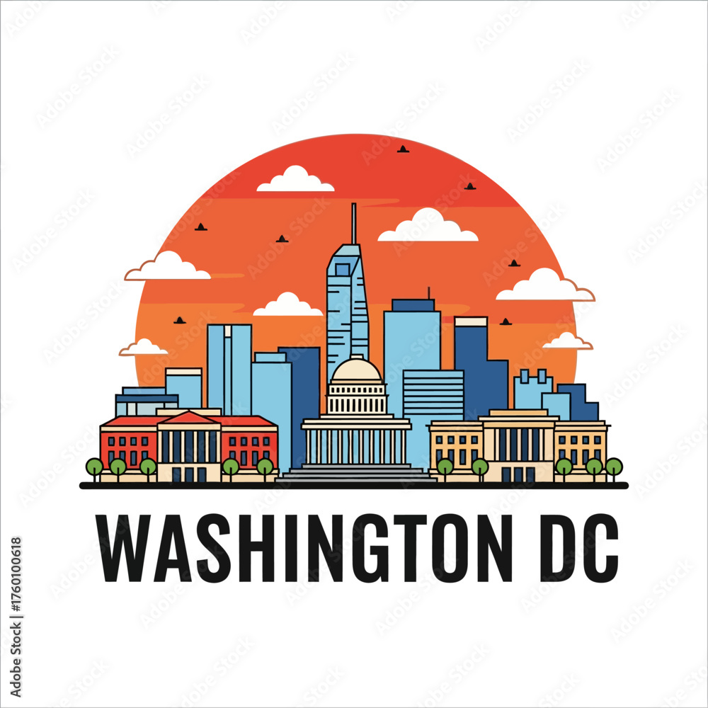 Naklejka premium Washington DC Skyline Illustration Depicting Iconic Buildings and Landmarks.