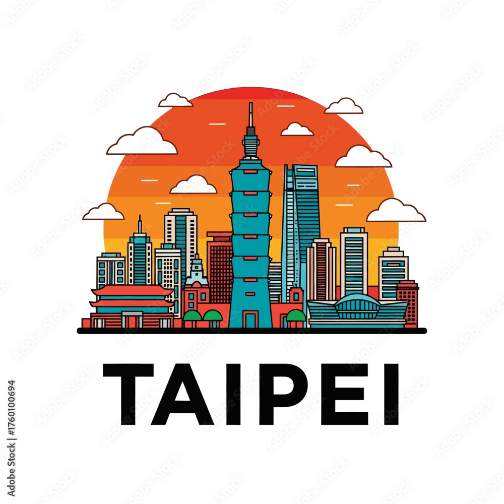 Naklejka premium Taipei City Skyline with Taipei 101 Tower at Sunset.