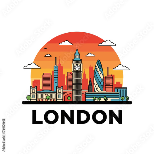 London Skyline Illustration with Big Ben and City Buildings at Sunset.