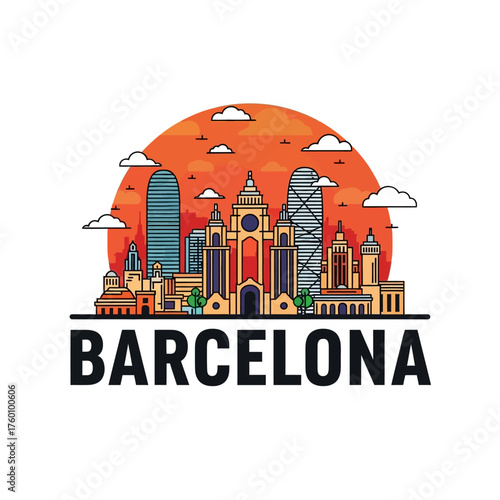 Barcelona City Skyline Illustration with Iconic Buildings.