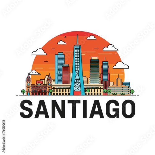 Santiago cityscape skyline with modern architecture and sunset background illustration.