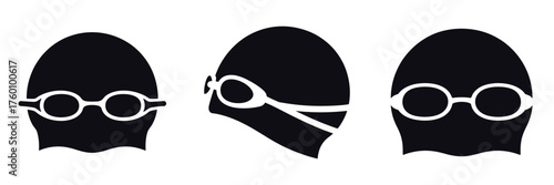 Swimming Cap and Goggles Icon Set – Water Sports Equipment Silhouette Collection, Vector Illustration of Swim Gear for Pool Training, Diving, Fitness, Competition, and Aquatic Activity Design