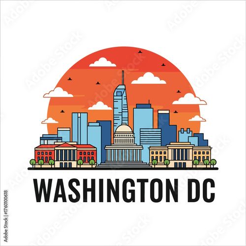 Washington DC Skyline Illustration Depicting Iconic Buildings and Landmarks.