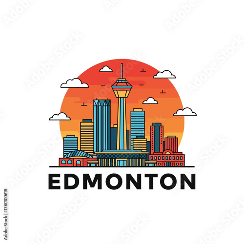 Edmonton City Skyline with CN Tower Illustration.