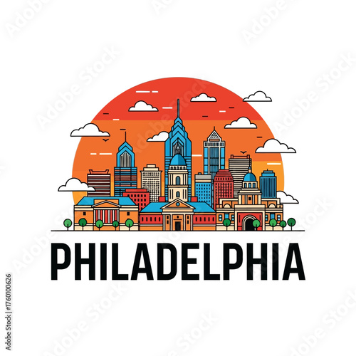 Philadelphia Cityscape Outline with Iconic Buildings and Sunset.