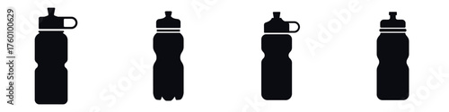 Sports Water Bottle Icon Set – Fitness Hydration Equipment Silhouette Collection, Vector Illustration of Reusable Bottles for Gym, Training, Outdoor Activities, Travel, and Healthy Lifestyle Design