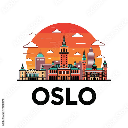 Stylized vector illustration of the Oslo Norway skyline.