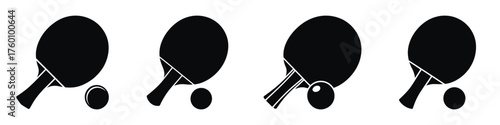 Table Tennis Icon Set – Ping Pong Racket and Ball Silhouette Collection, Vector Illustration of Sports Equipment for Game, Training, Competition, Recreation, and Indoor Activity Design