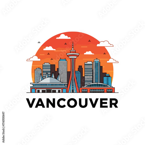 Vancouver skyline illustration featuring iconic buildings and sunset backdrop.