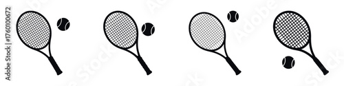 Tennis Racket and Ball Icon Set – Sport Equipment Silhouette Collection, Vector Illustration of Tennis Gear for Match, Training, Outdoor Game, Competition, and Athletic Design