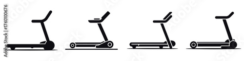Treadmill Icon Set – Fitness Equipment Silhouette Collection, Vector Illustration of Gym Running Machine for Cardio Training, Exercise, Workout, Health, and Sports Activity Design