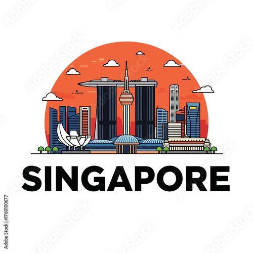 Singapore Cityscape Outline with Iconic Landmarks and Sunset Background.