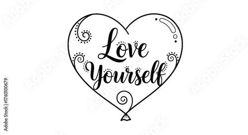 Love Yourself Heart Graphic with Swirls and Dots.