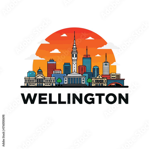 Wellington New Zealand Skyline Illustration with Orange Sunset and Clouds.