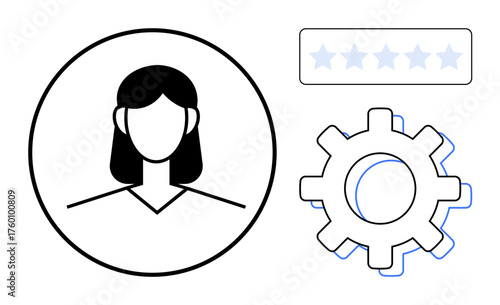 Female avatar in a circle, star-based rating scale, and gear for customization. Ideal for UX design, user profile, settings, feedback, analytics personalization digital identity. Simple flat