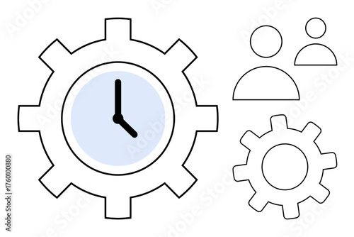 Clock within a large gear symbolizes time management, paired with smaller gear and team icons suggesting teamwork, efficiency, and planning. Ideal for productivity, workflow, collaboration, resource