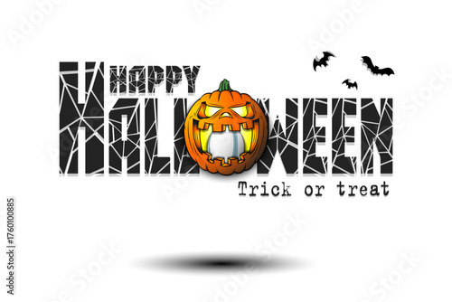 Happy Halloween. Trick or treat. Rugby ball inside frightening pumpkin. Pattern for banner, poster, greeting card, invitation. Vector illustration on an isolated background