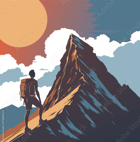 A vector illustration of a solo hiker with a backpack looking up at a majestic mountain peak before the final ascent