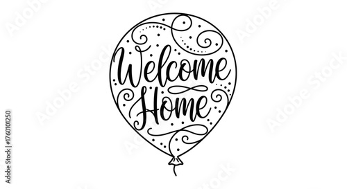 Welcome Home Balloon Illustration with Decorative Swirls and Dots.