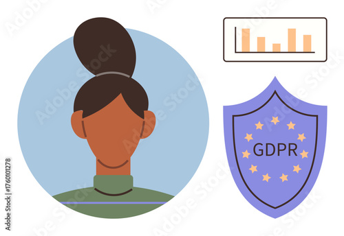 Anonymous user portrait with GDPR compliance shield and analytics chart. Ideal for data security, privacy, compliance, legal protection, technology, digital policies, simple flat metaphor