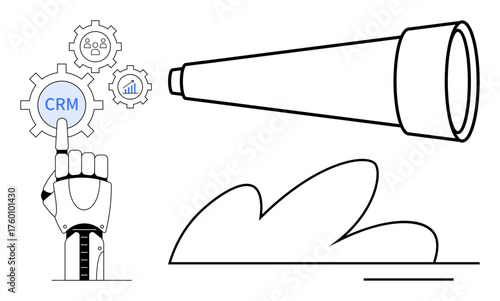 Robotic hand engaging CRM gears, data analytics, and user connections with a telescope for vision, strategy, and planning. Ideal for technology, automation, AI, CRM business goals future focus