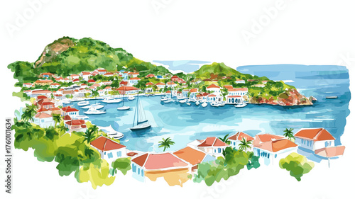 Gustavia. Gustavia hand drawn watercolor illustration