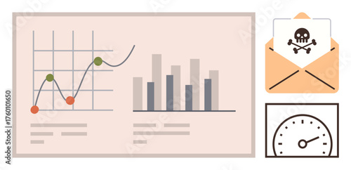 Line and bar graphs, email with malware warning, and performance speedometer highlight analytics insights, cybersecurity concerns, and system monitoring. Ideal for analytics, data breaches, network