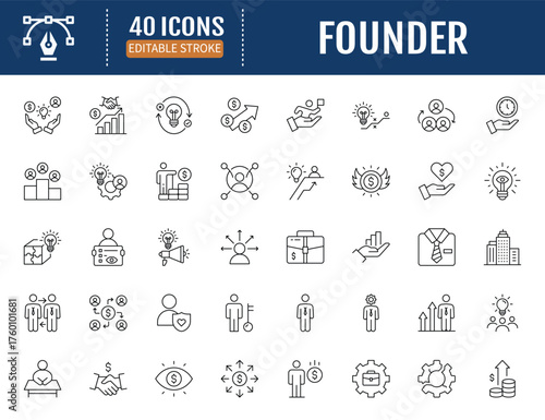 Founder line icon set. Includes entrepreneur,
visionary, innovator, acquisition, retirement, pioneer, risk taker, leader, strategy and more.
Vector Illustration with Editable Strokes