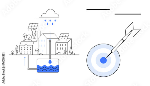 Rainwater collection system integrated into urban housing with solar panels, accompanied by a dart hitting a target. Ideal for sustainability, water management, renewable energy, precision, goals
