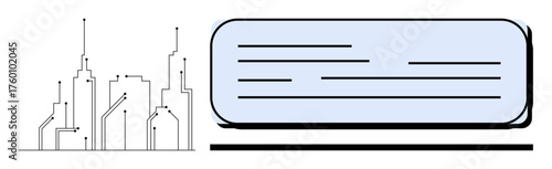 Minimalistic cityscape with connected buildings and a data panel. Ideal for technology, innovation, smart infrastructure, urban planning, digital communication, automation, simple flat metaphor