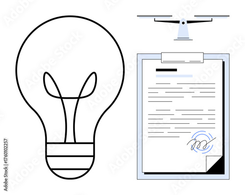 Light bulb symbolizing idea, document with signature, and quadcopter suggest innovation, agreements, and tech-driven solutions. Ideal for creativity, business, technology, future delivery