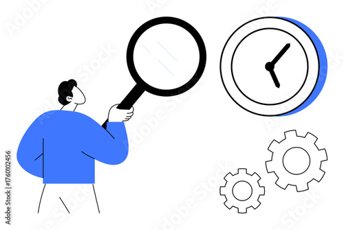 Person analyzing a clock using a magnifying glass with gears symbolizing efficiency, time management, and process optimization. Ideal for productivity, focus, research, goal setting, planning, time