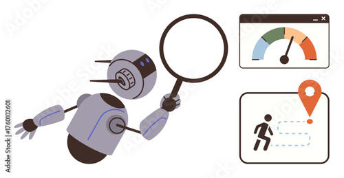 Robot holding magnifying glass investigating analytics with performance gauge and navigation map. Ideal for AI insights, data exploration, automation, innovation, tracking, technology, simple flat