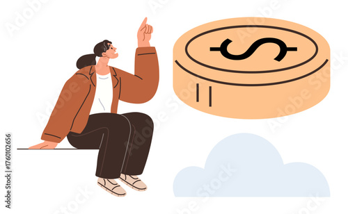 Woman sitting casually and pointing at a large dollar coin in the air, symbolizing aspirations, goals, wealth. Ideal for themes on finance, career, motivation, investment, ambition planning simple