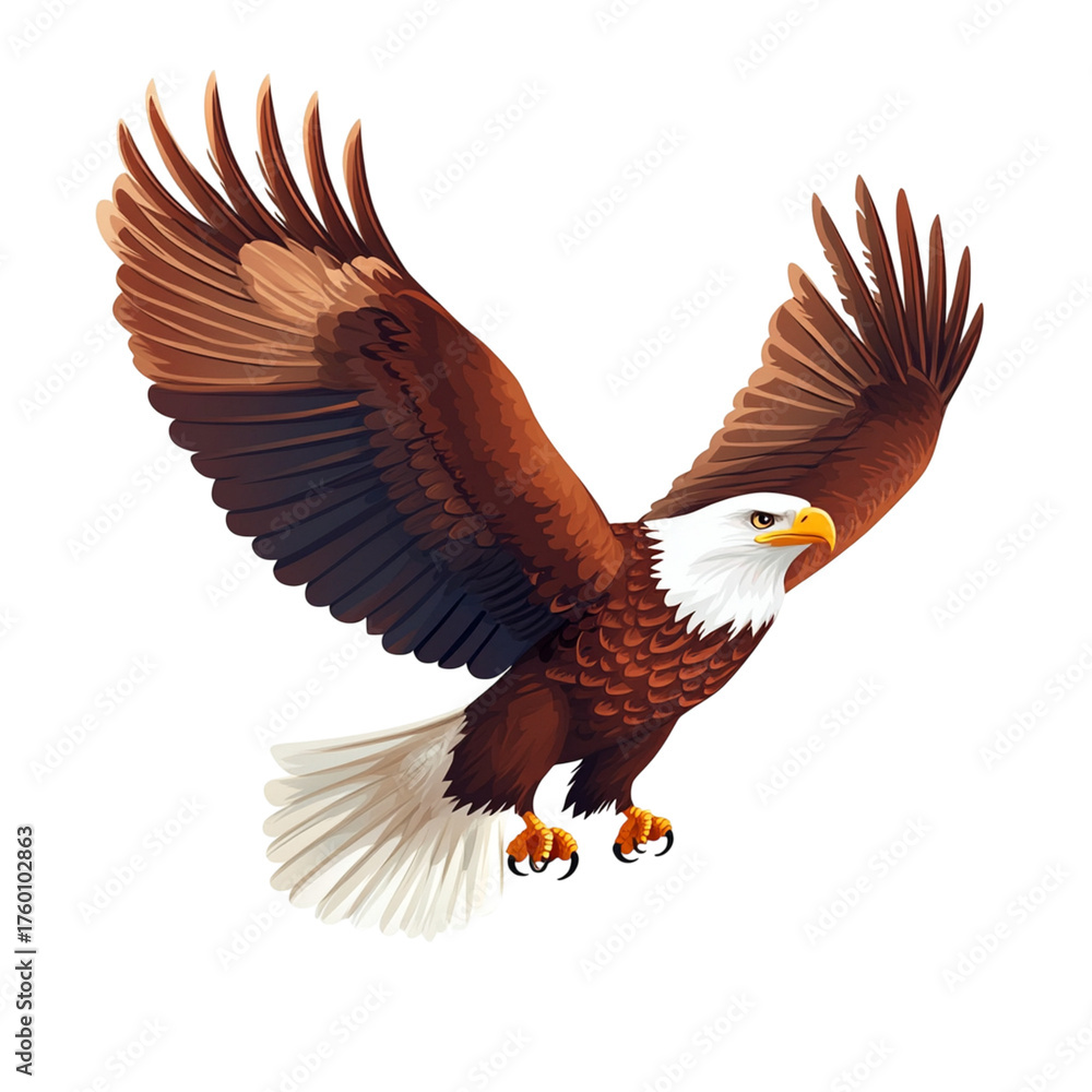 Obraz premium Majestic bald eagle soaring with wings spread wide.