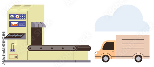 Conveyor belt system transferring goods to a delivery truck, integrating technology, logistics, and shipping. Ideal for automation, manufacturing, supply chain, transportation, technology logistics