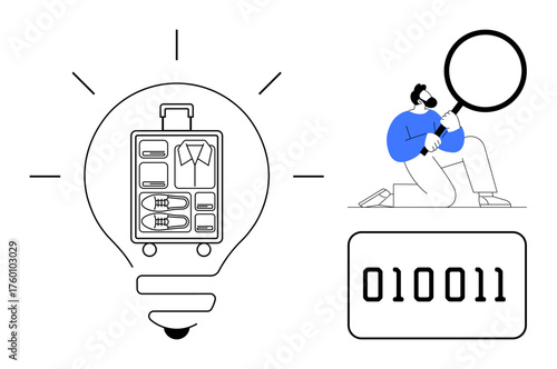 Suitcase inside lightbulb symbolizing ideas or travel, person with magnifying glass examining binary numbers. Ideal for innovation, travel, research, technology, creativity, problem-solving, digital