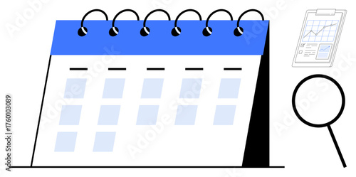 Spiral desk calendar beside magnified analytical document. Ideal for time management, planning, scheduling, deadlines, organization, strategy, productivity. Simple flat metaphor