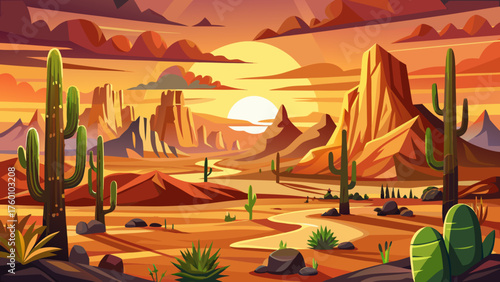 Very beautiful Wild West Texas desert landscape at sunset, featuring rugged mountains, scattered cacti, and warm golden light illuminating the vast arid terrain under a dramatic southwestern sky.