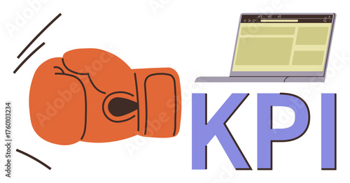 Boxing glove in action with KPI text and laptop. Ideal for business strategy, performance management, goal achievement, metric tracking, competitive analysis, fighting challenges, simple flat