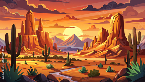 Very beautiful Wild West Texas desert landscape at sunset, featuring rugged mountains, scattered cacti, and warm golden light illuminating the vast arid terrain under a dramatic southwestern sky.